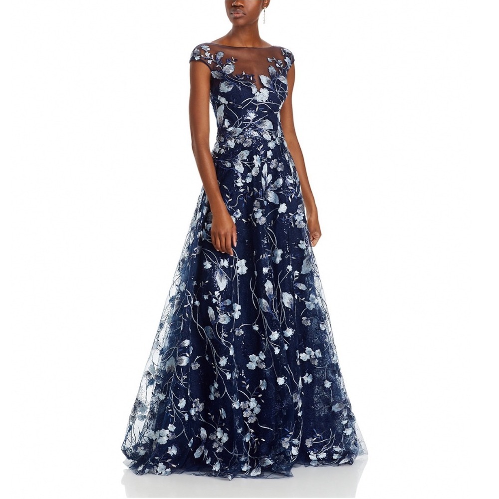 Teri Jon by Rickie Freeman Embroidered Lace Illusion Bodice Gown Navy Silver 18